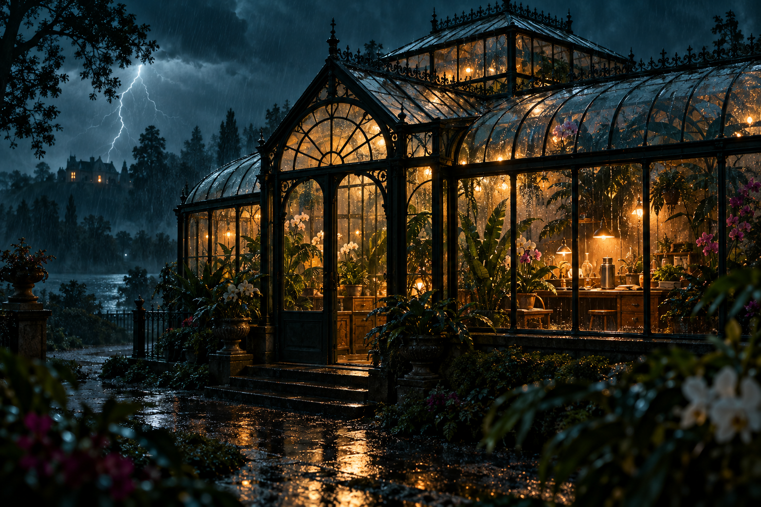 Halcyon Glasshouse illuminated during a storm