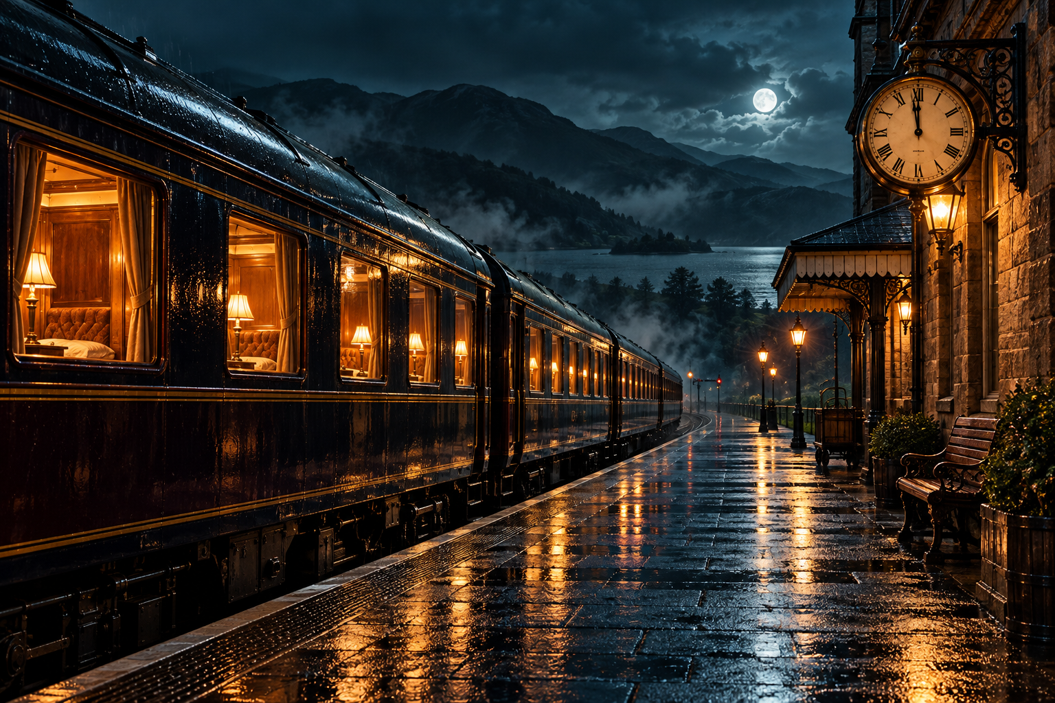 An illuminated sleeper train on a rain-covered station platform at night