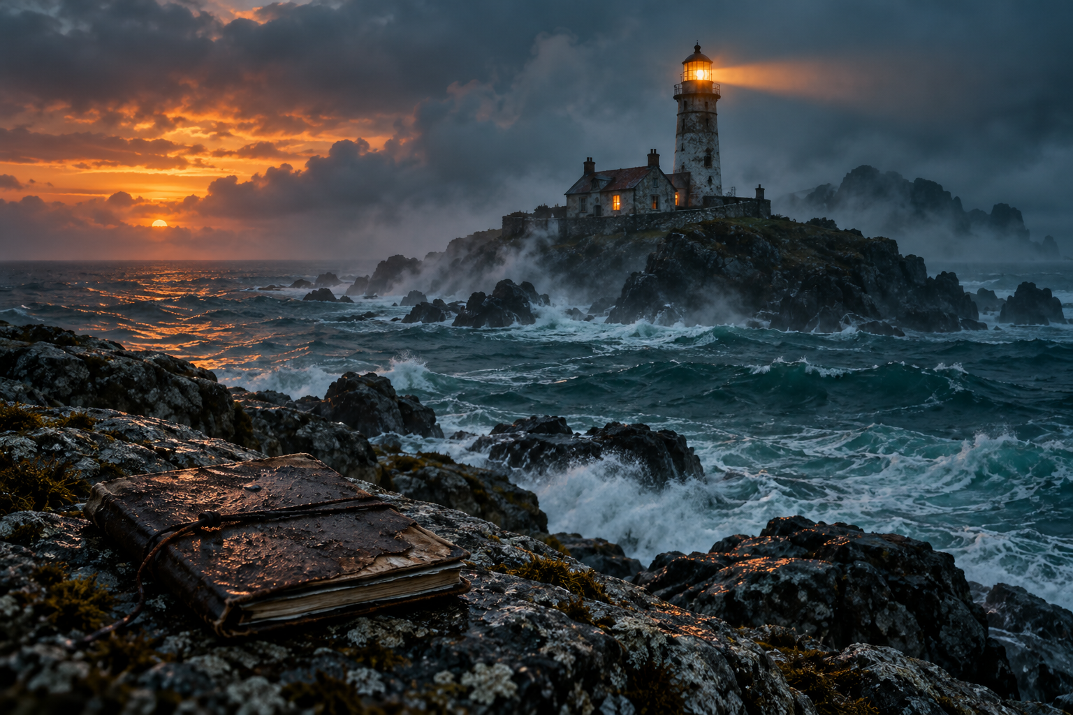 An isolated lighthouse above a dark sea with a weathered notebook on the shore